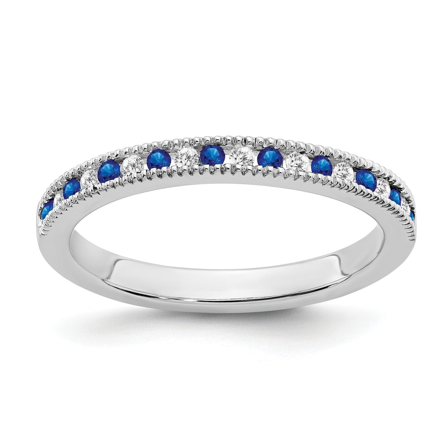 0.58 Ct Round Blue Sapphire & Diamond 14K White Gold Milgrain Band Ring