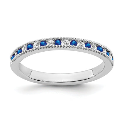 0.58 Ct Round Blue Sapphire & Diamond 14K White Gold Milgrain Band Ring
