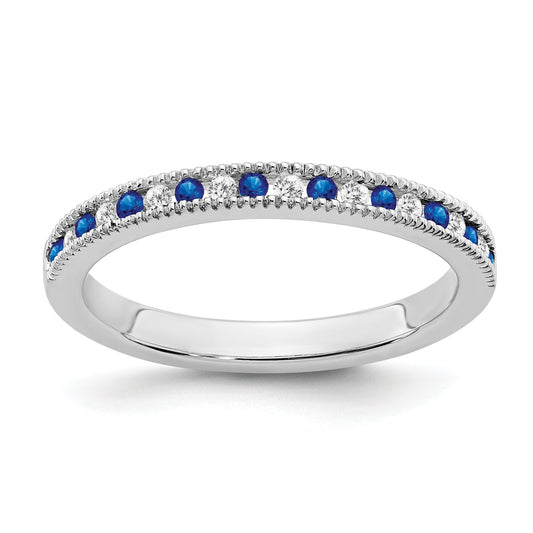 0.58 Ct Round Blue Sapphire & Diamond 14K White Gold Milgrain Band Ring