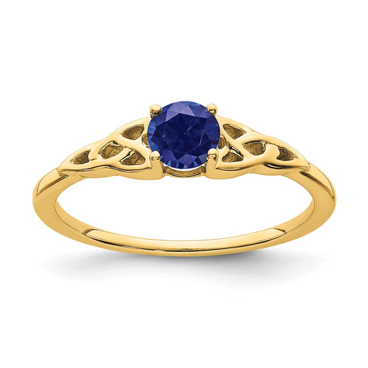 0.33 Ct Round Blue Created Sapphire Prong Yellow Gold Knot Solitaire Ring