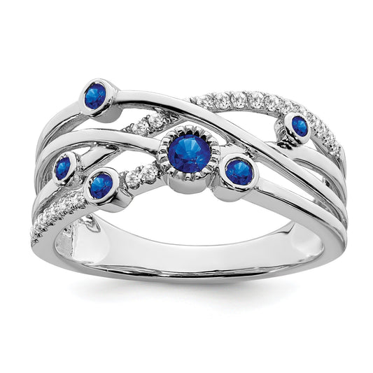 0.27 Ct Round Blue Sapphire Diamond White Gold Bezel Set Criss Cross Band Ring