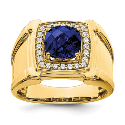 1/4 ct Lab Grown Diamond and Created Blue Sapphire Men's Halo Ring 14k Gold