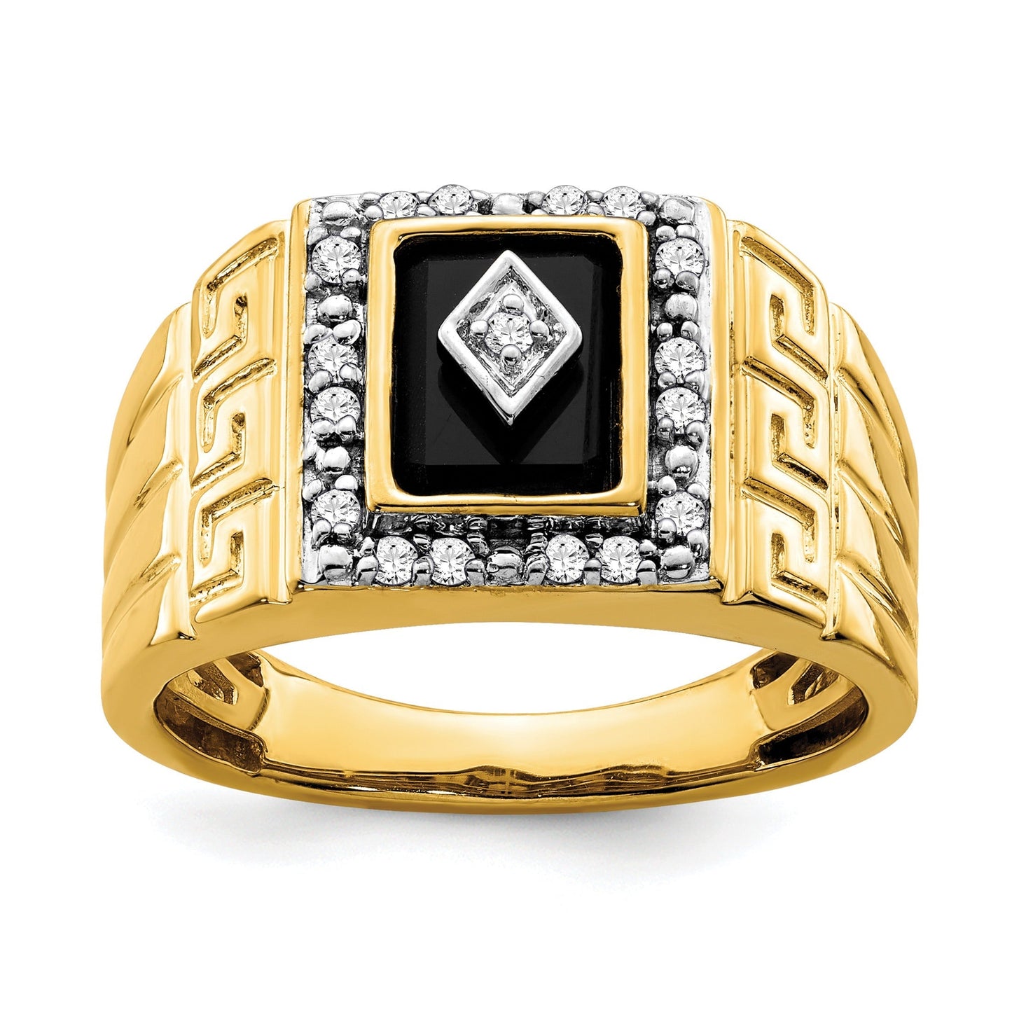14k Gold 1/5 ct Lab Grown Diamond and Onyx Greek Key Design Men's Ring
