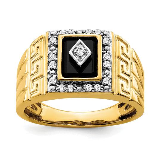 14k Gold 1/5 ct Lab Grown Diamond and Onyx Greek Key Design Men's Ring