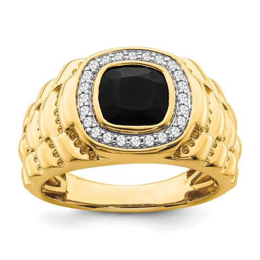 14k Gold 1/4 ct Lab Grown Diamond and Onyx Textured Men's Ring