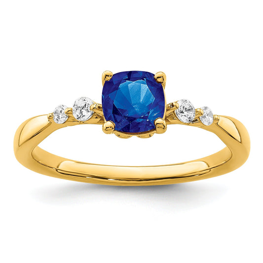 0.55 Ct Cushion Cut Blue Sapphire with Diamond 14k Yellow Gold Five Stone Ring