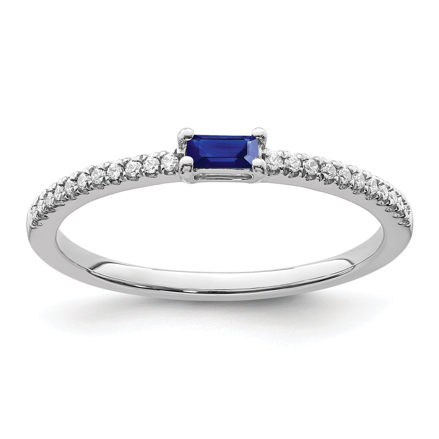 Baguette Blue Sapphire and Diamond Prong 14K White Gold Pave Classic Ring