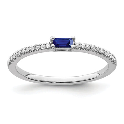 Baguette Blue Sapphire and Diamond Prong 14K White Gold Pave Classic Ring
