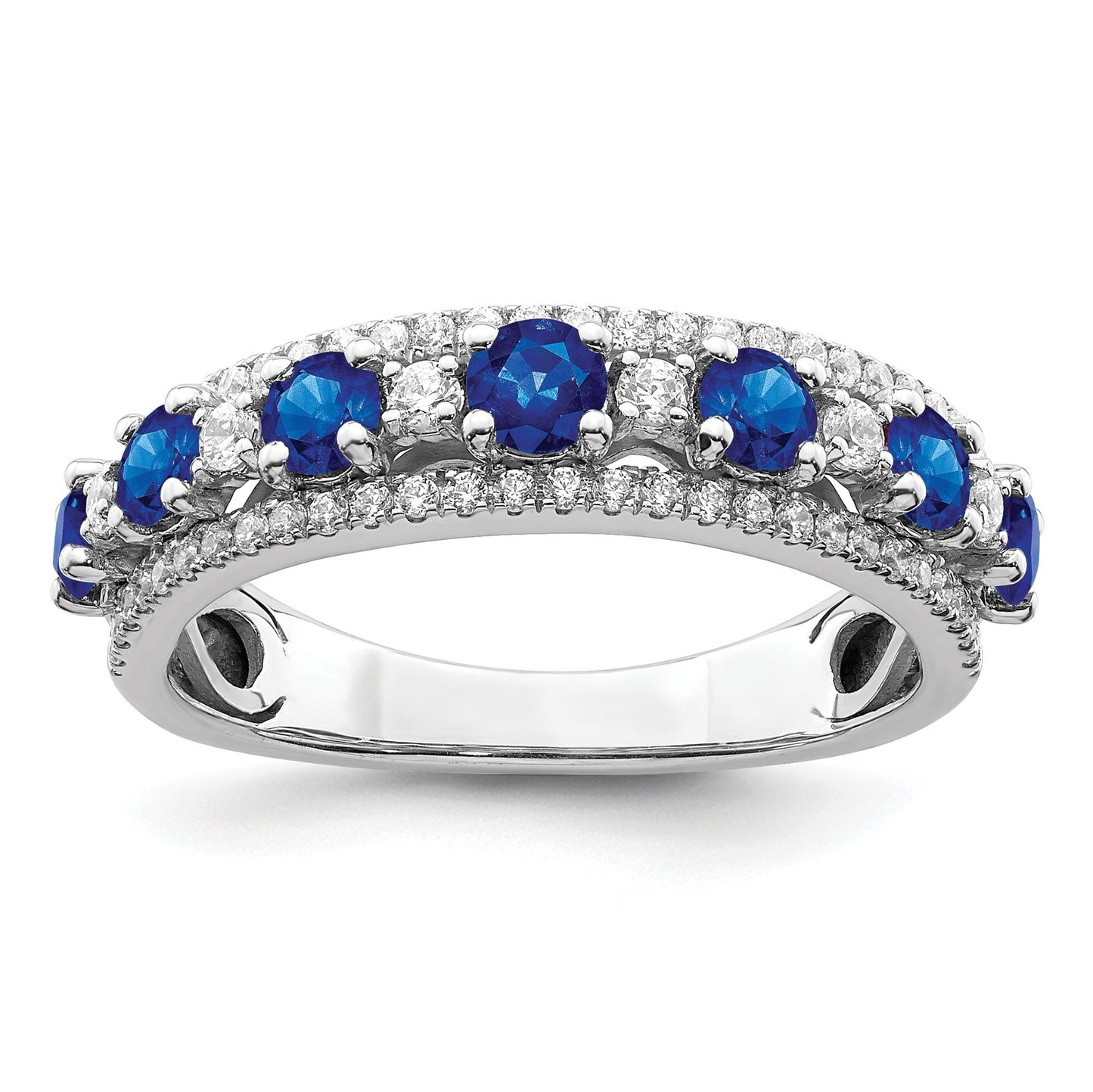 1.58 Ct Round Blue Sapphire & Diamond Prong 14K White Gold Statement Band Ring