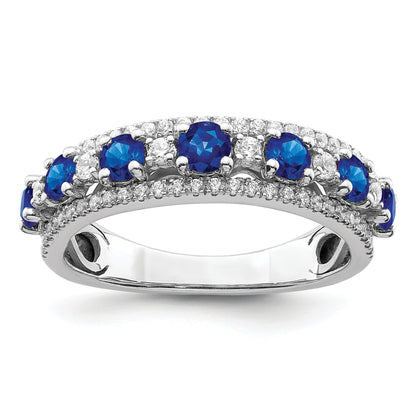 1.58 Ct Round Blue Sapphire & Diamond Prong 14K White Gold Statement Band Ring