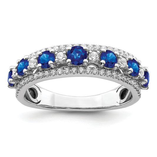 1.58 Ct Round Blue Sapphire & Diamond Prong 14K White Gold Statement Band Ring
