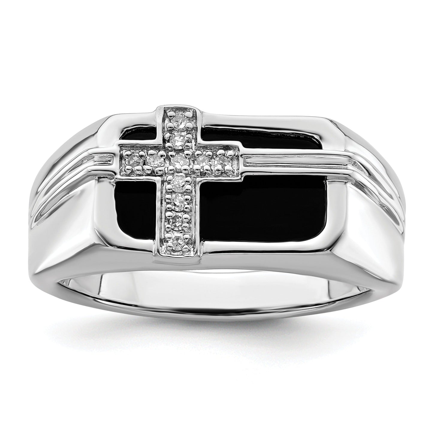 1/20 ct Lab Grown Diamond and Onyx Cross Men's Ring 14k White Gold
