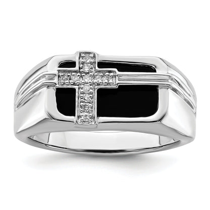 1/20 ct Lab Grown Diamond and Onyx Cross Men's Ring 14k White Gold
