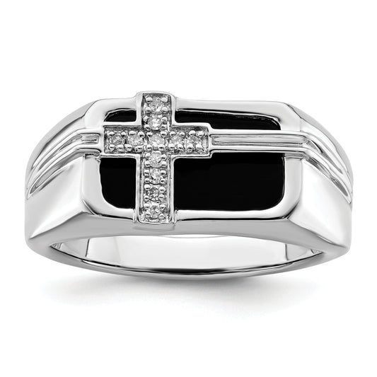 1/20 ct Lab Grown Diamond and Onyx Cross Men's Ring 14k White Gold