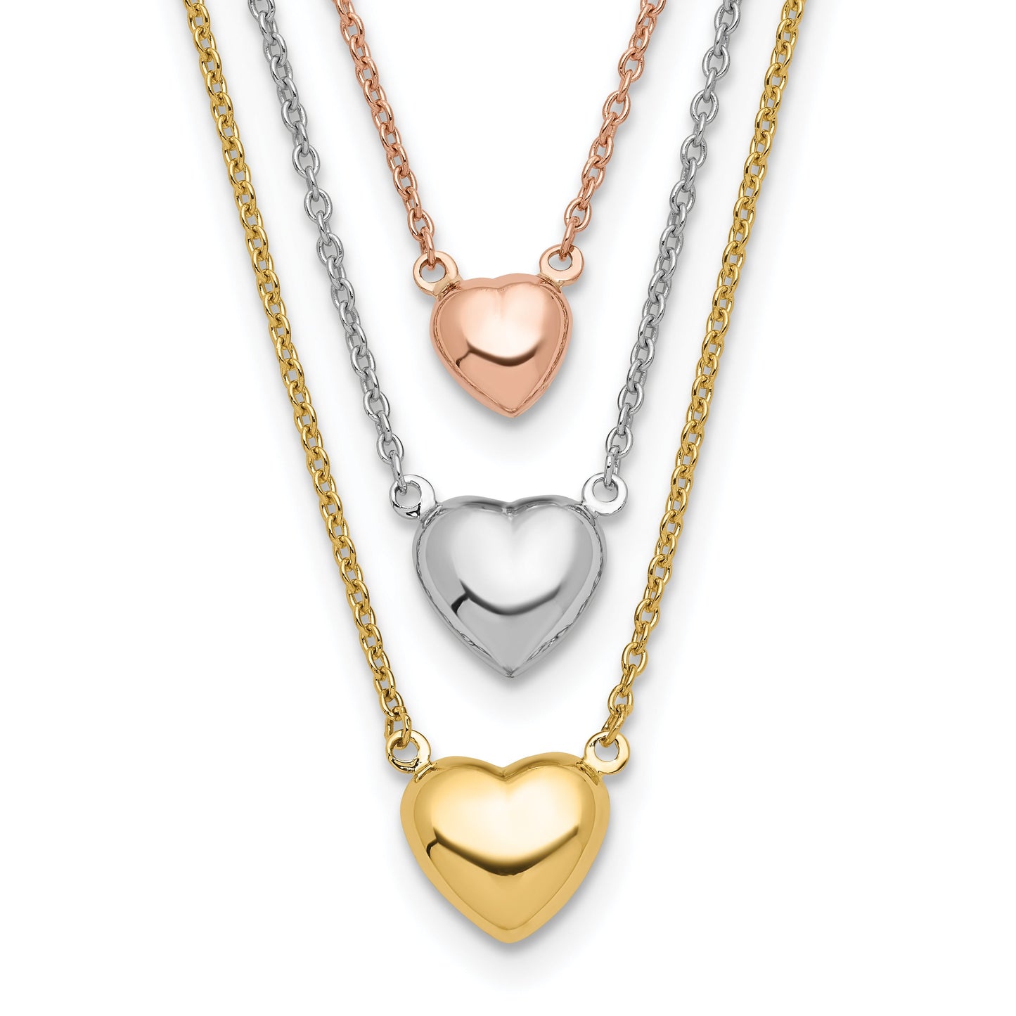 Tri-color Three Hearts 14K Gold Layered Cable Chain Necklace