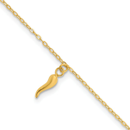 14K Yellow Gold Single Italian Horn Dangle with Spring Ring Clasp Charm Bracelet