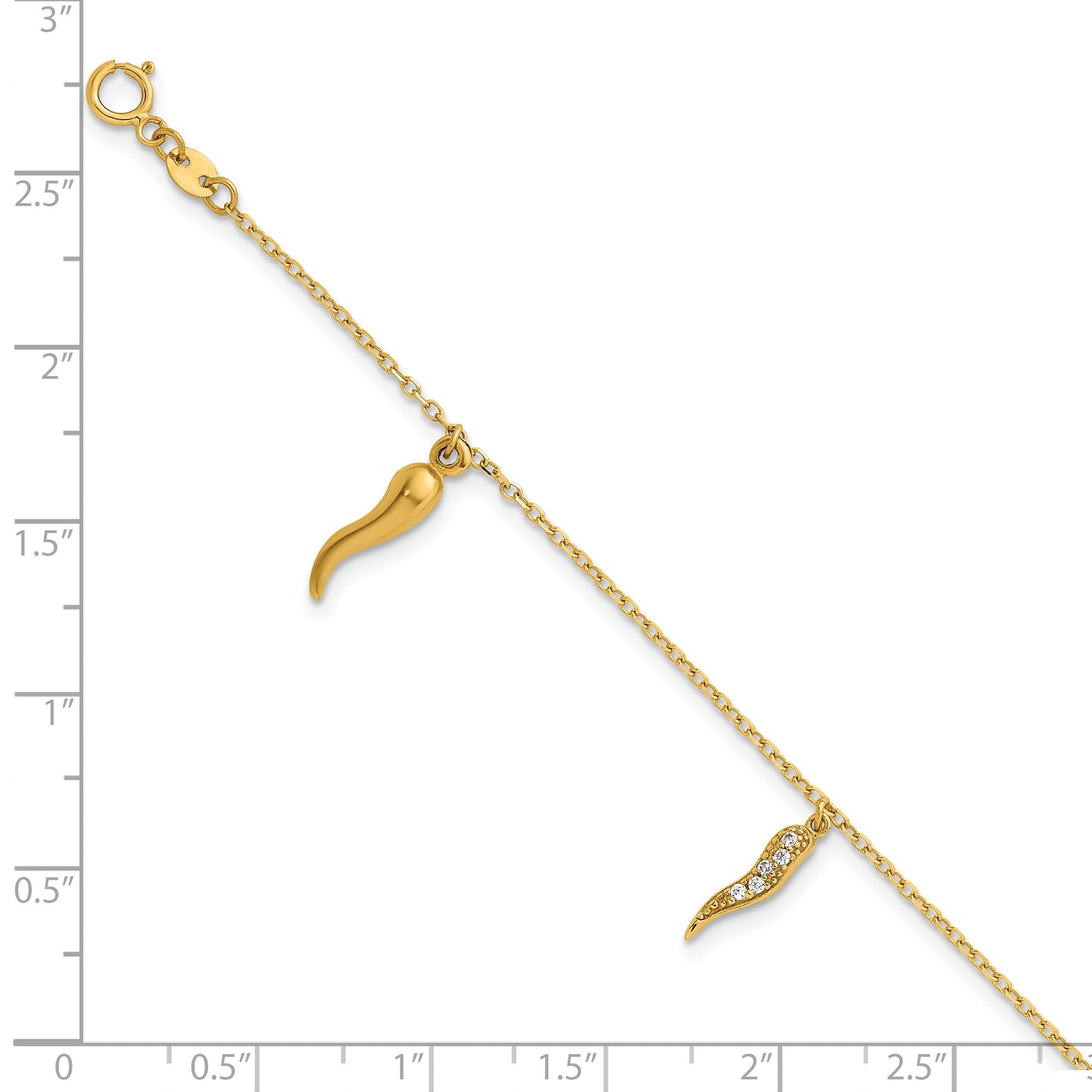 Round White Cubic Zirconia Prong 14K Yellow Gold 3 Italian Horn Dangles with Spring Ring Clasp Charm Bracelet