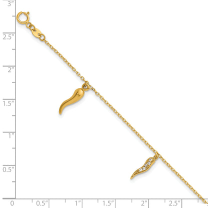 Round White Cubic Zirconia Prong 14K Yellow Gold 3 Italian Horn Dangles with Spring Ring Clasp Charm Bracelet