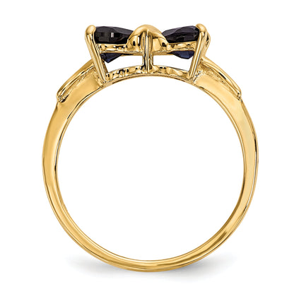 14k Yellow Gold Bow Dual Heart Birthstone Ring