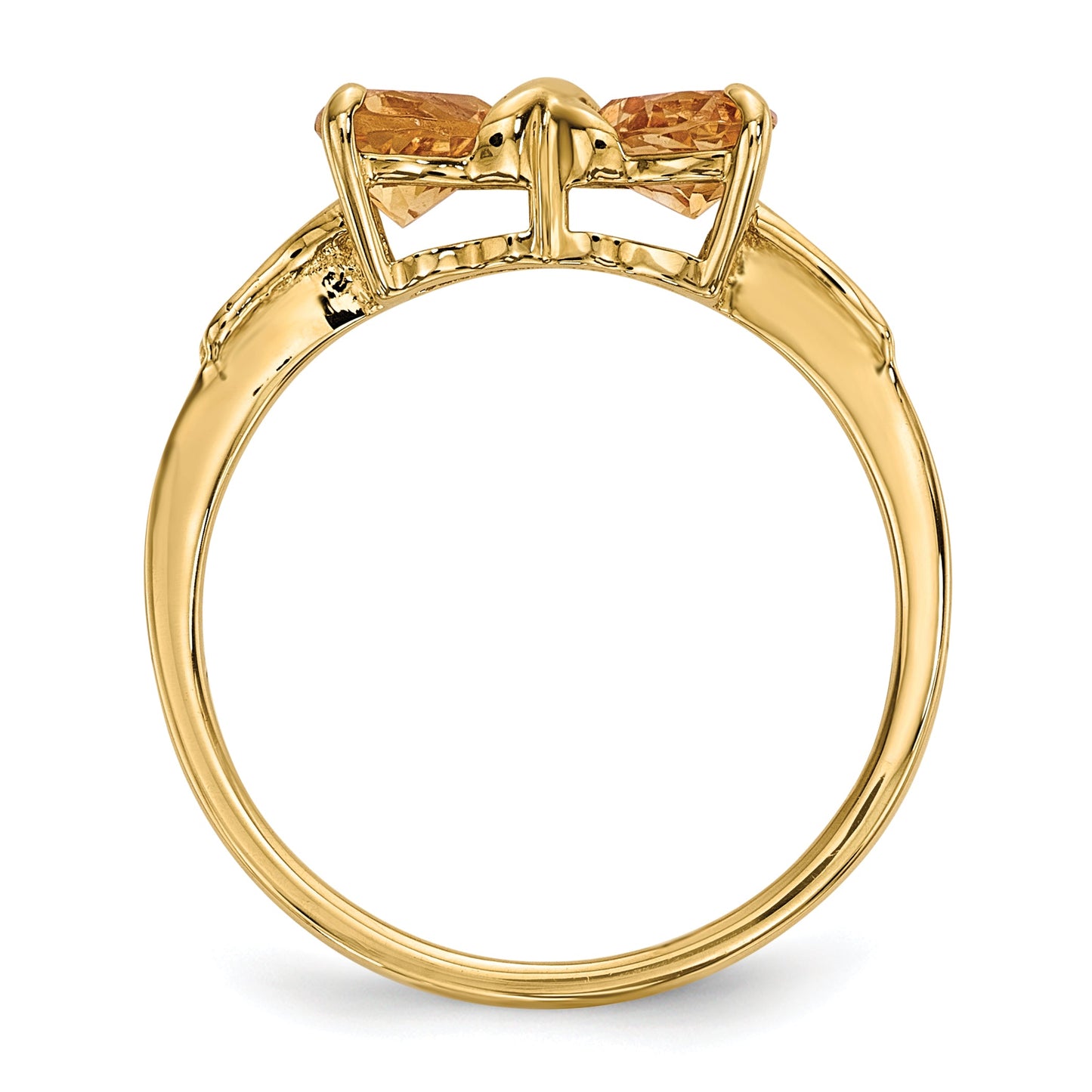 14k Yellow Gold Bow Dual Heart Birthstone Ring