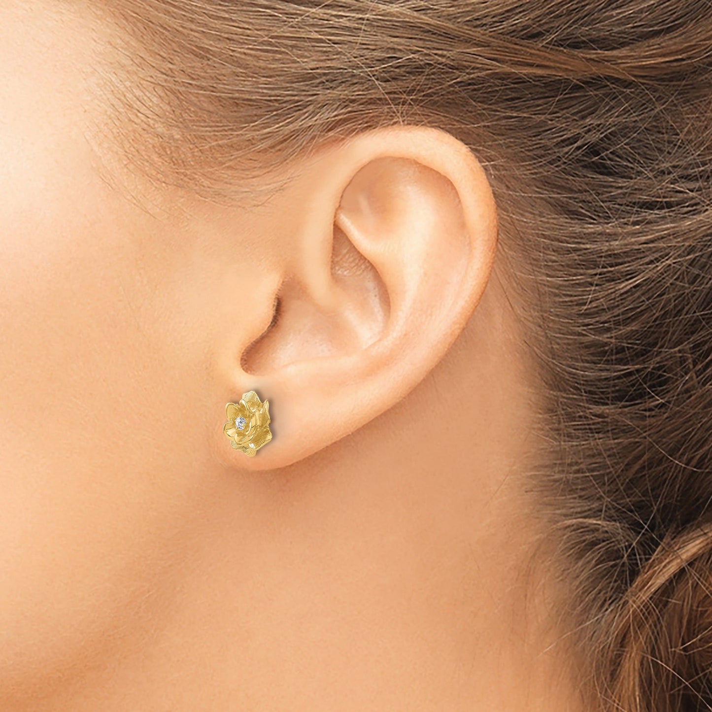 14k Yellow Gold Lab Grown Diamond Flower Stud Earrings 0.0667 Ct