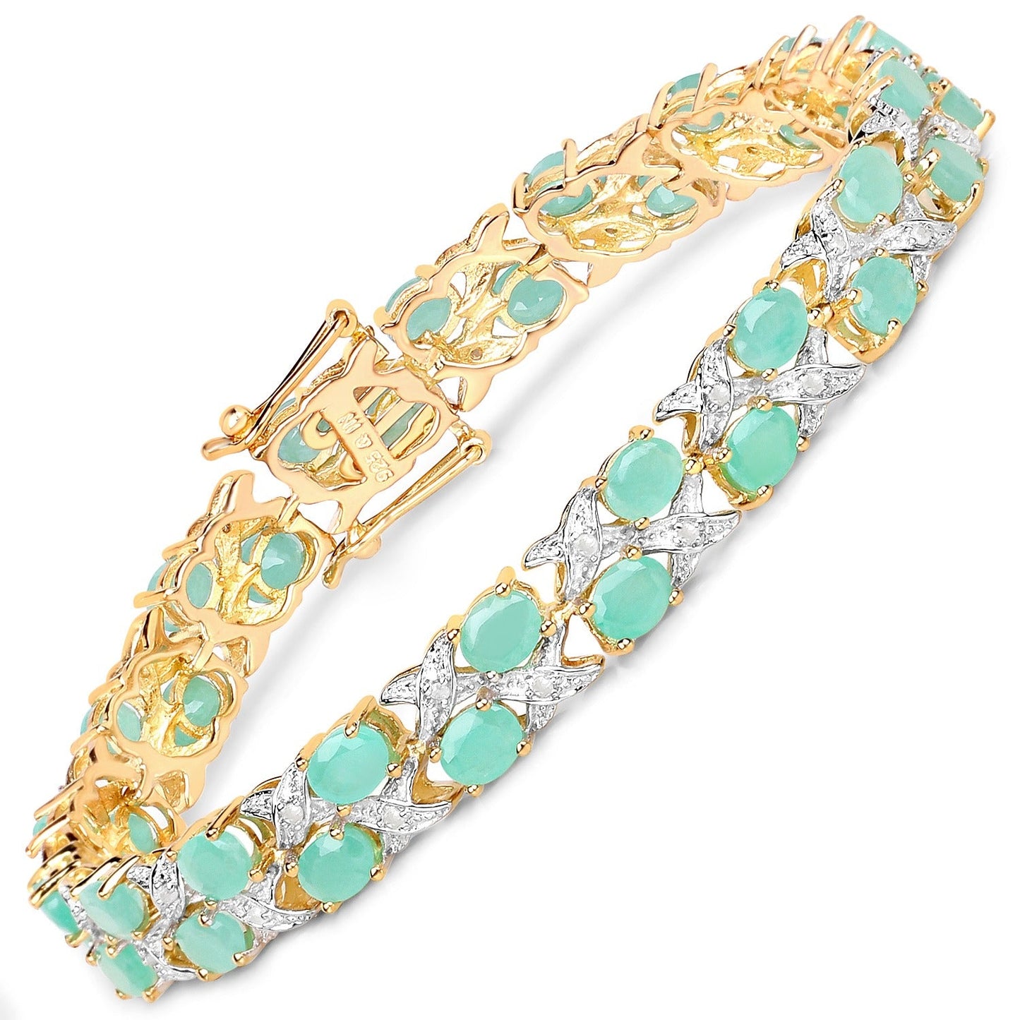 10.08 Ct Oval Green Emerald & Diamond Prong Yellow Gold Plated Silver Two Row X-Link Crossover Bracelet
