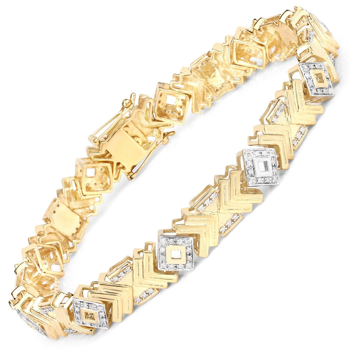 0.98 Ct Round White Diamond Prong Yellow Gold Over Silver Geometric Chevron Link Cocktail Bracelet