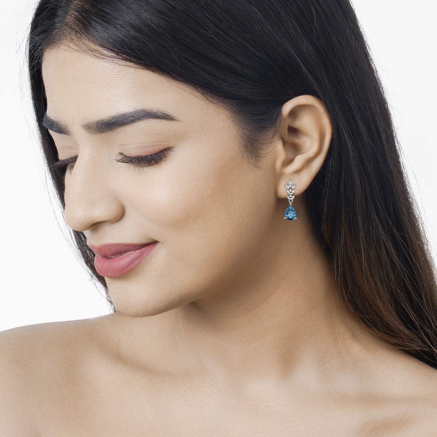 2.30 Ct Pear Deep Blue London Blue Topaz & Lab Diamond Prong Silver Teardrop Dangle Earrings