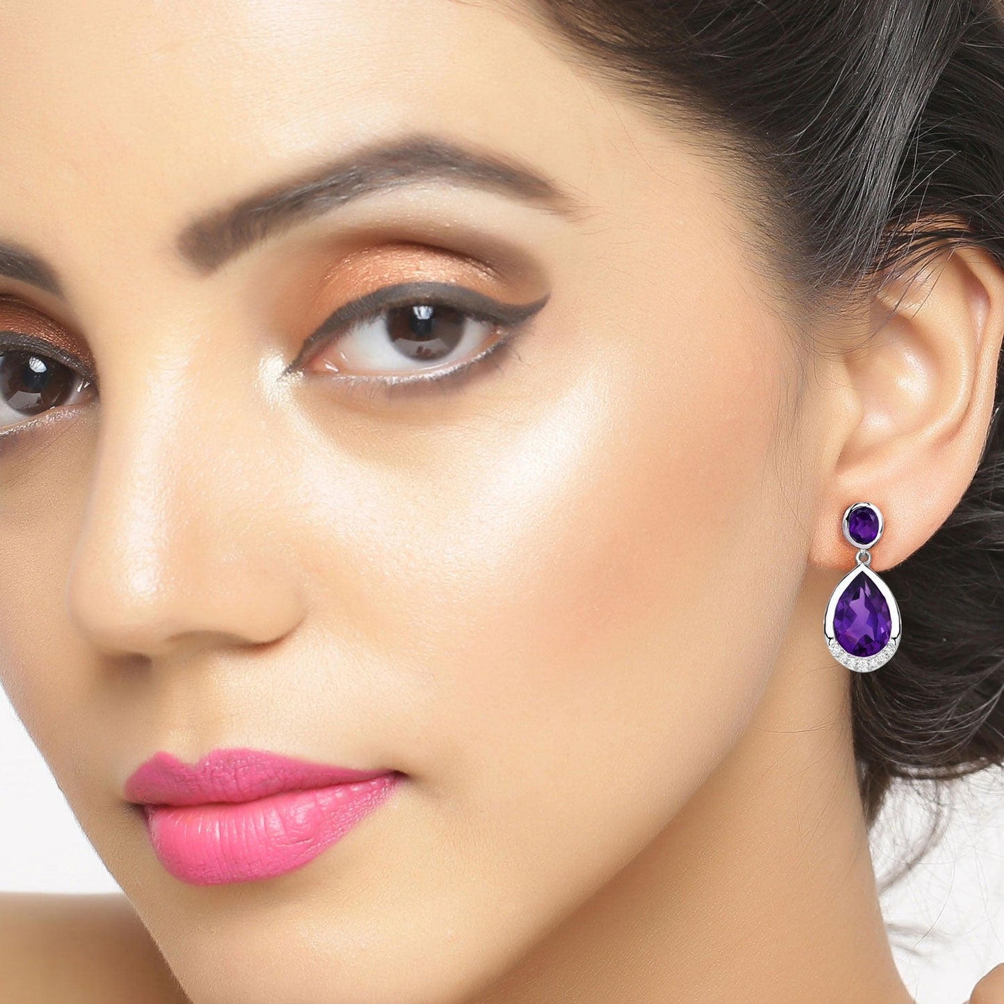 Purple Amethyst & Lab Grown Diamond Bezel Silver Dangle Earrings