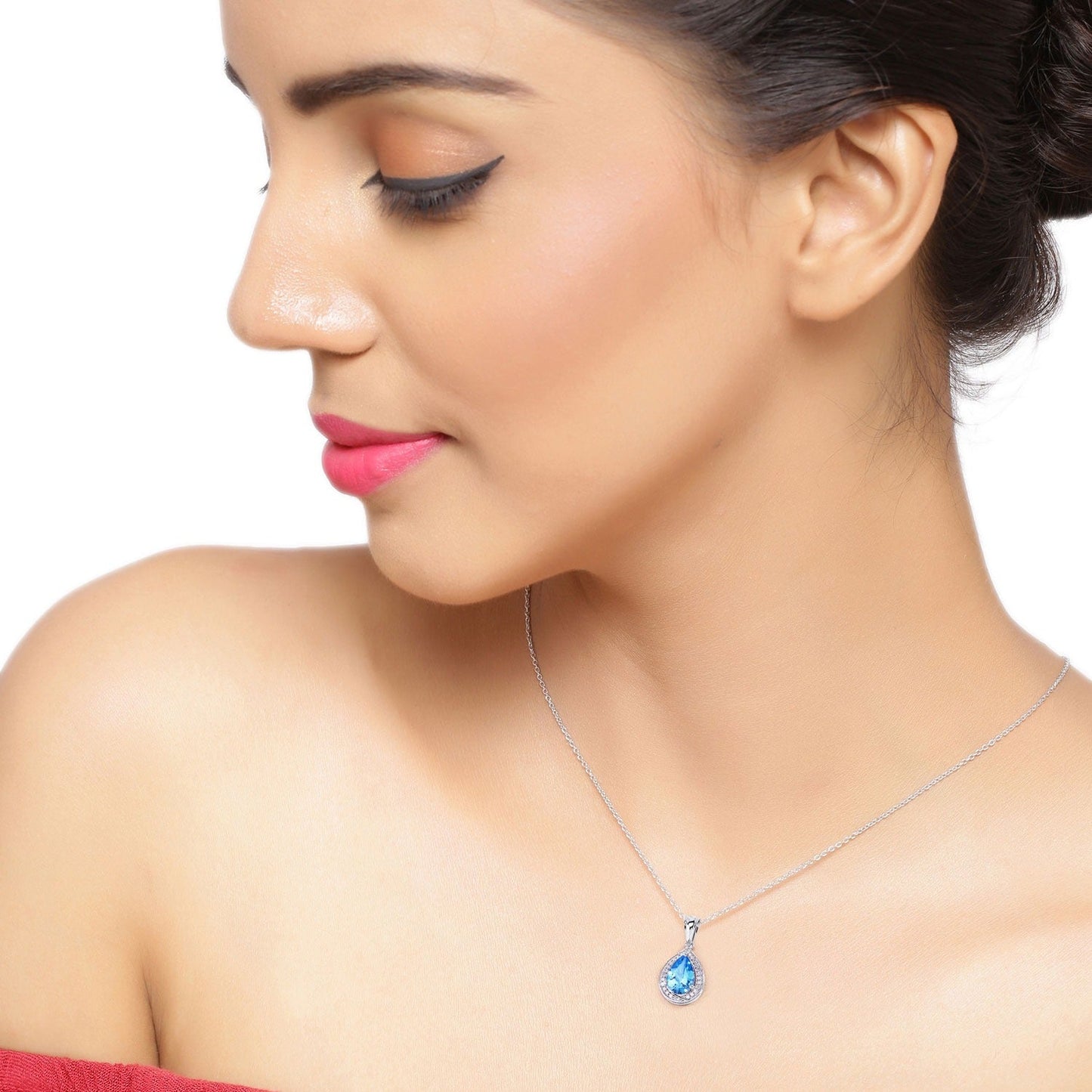 3.50 Ct Pear Swiss Blue Topaz and Lab Diamond prong Silver Halo teardrop pendant Necklace