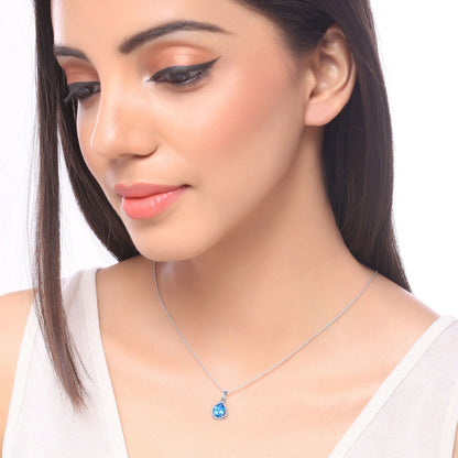 1.90 Ct pear Swiss Blue Topaz and Lab Diamond prong Silver Halo teardrop pendant Necklace