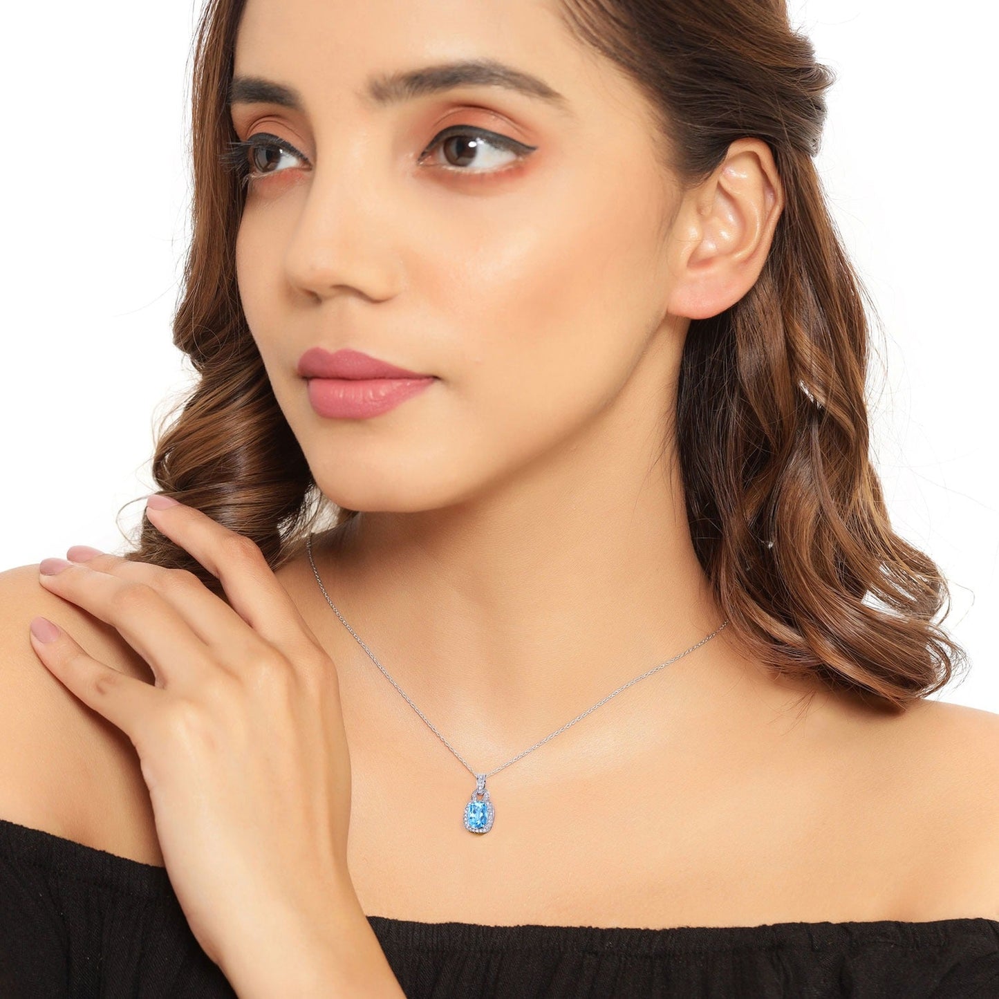 2.65 Ct cushion Swiss Blue Topaz and Lab Diamond prong Silver Slide Pendant Necklace