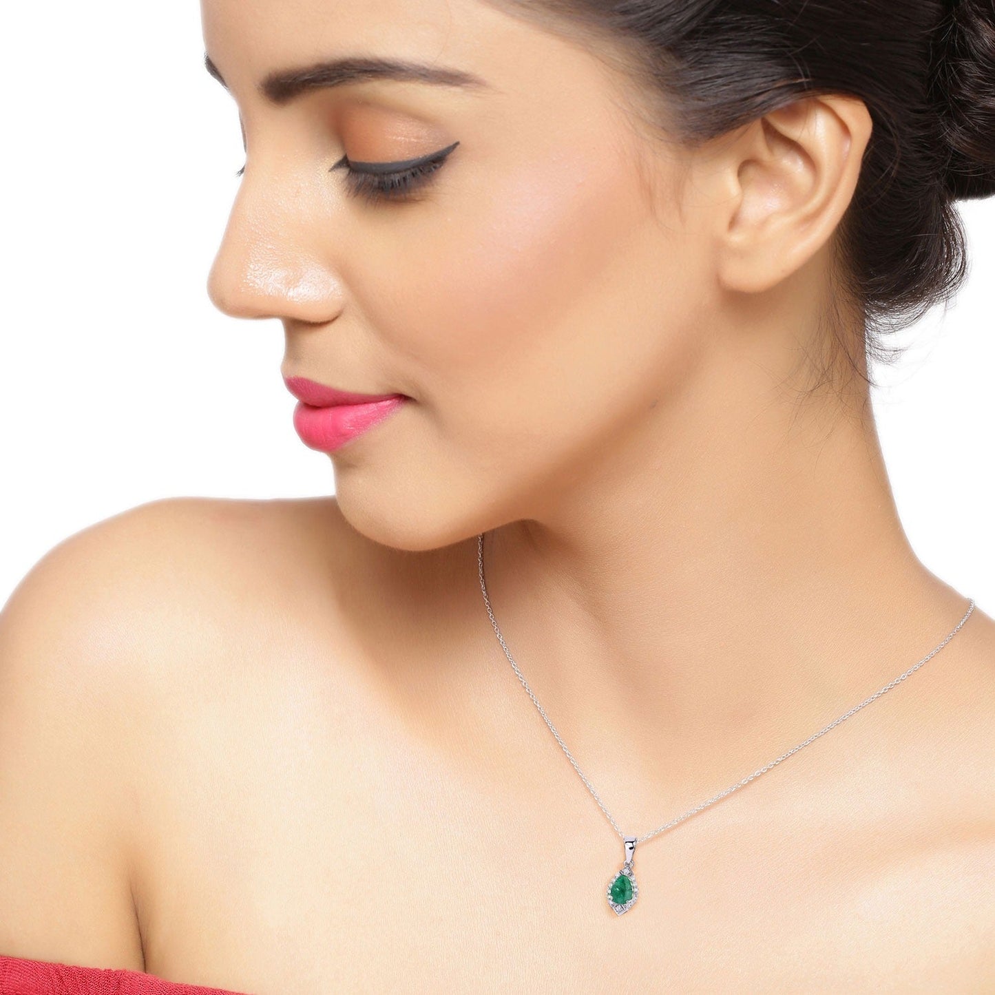 0.65 Ct Pear Green Zambian Emerald & Lab Diamond Prong Silver Teardrop Halo Pendant Necklace