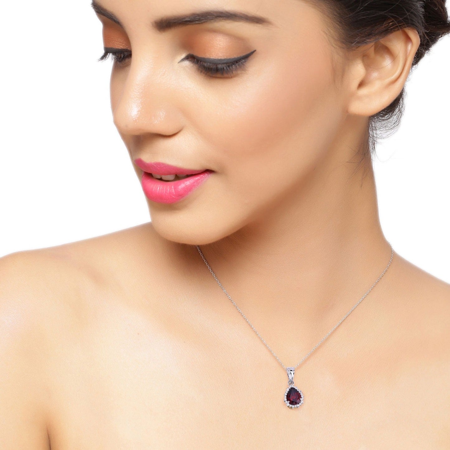 2.45 Ct Pear Red Mozambique Garnet & Lab Diamond Prong Silver Halo Teardrop Pendant Necklace