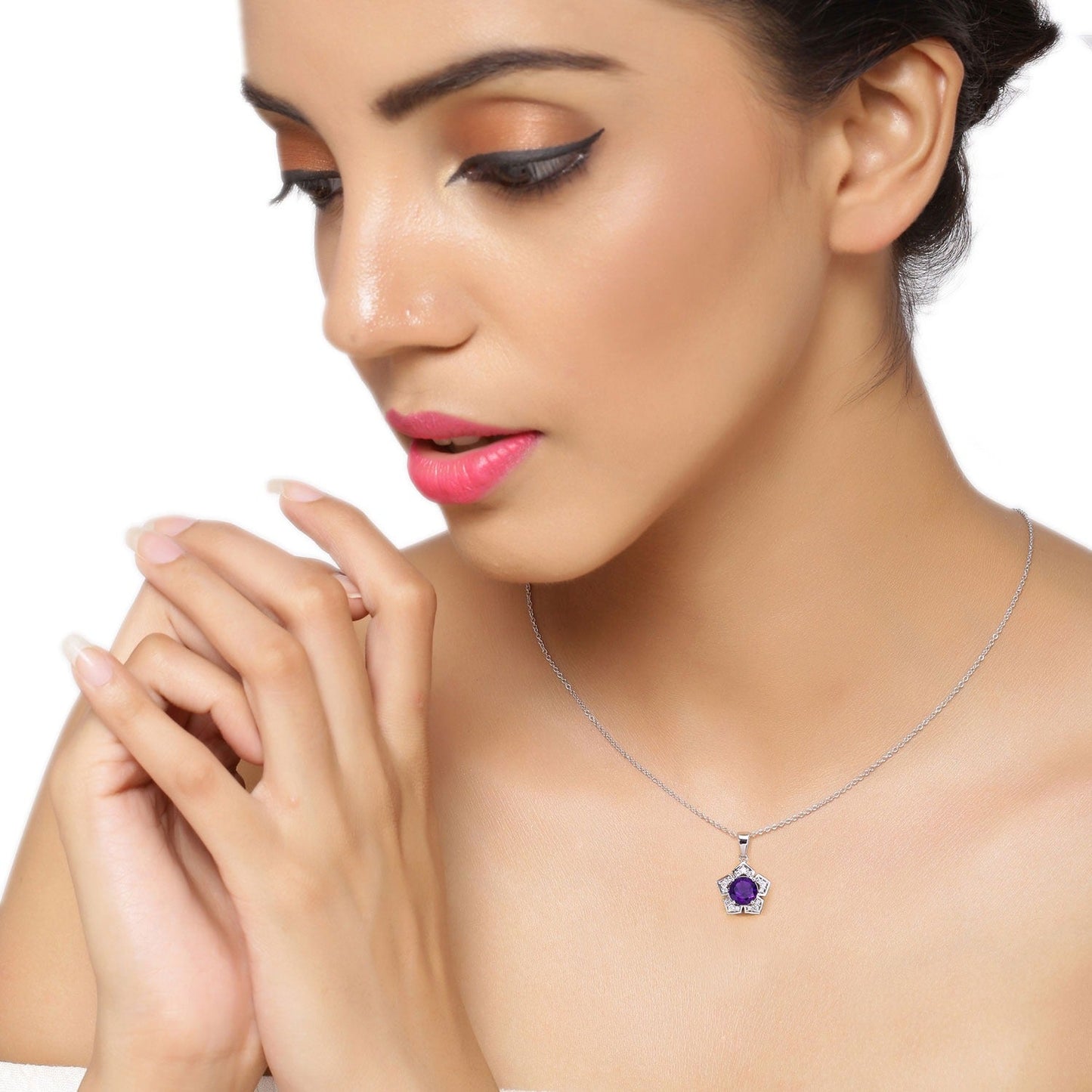 2.40 Ct Round Purple Amethyst & Lab Diamond Prong Silver Star Shape Pendant Necklace