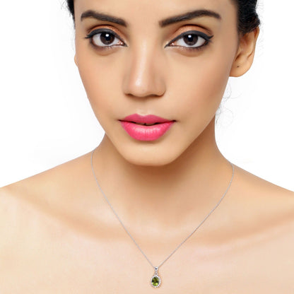 1.70 Ct Oval Green Peridot & Lab Diamond Prong Silver Halo Pendant Necklace