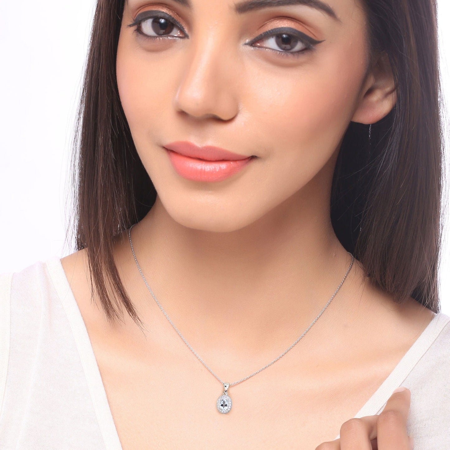 0.60 Ct Oval Blue Aquamarine & Lab Diamond Prong Silver Halo Pendant Necklace