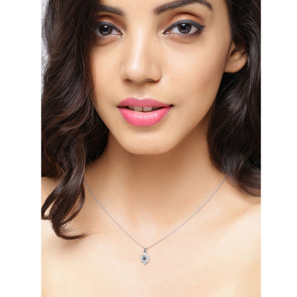 0.60 Ct Oval Blue Aquamarine & Lab Diamond Prong Silver Halo Statement Necklace