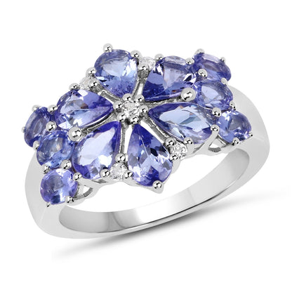 3.36 Ct Pear & Oval Violet Tanzanite Prong Rhodium Plated Silver Floral Cluster Ring