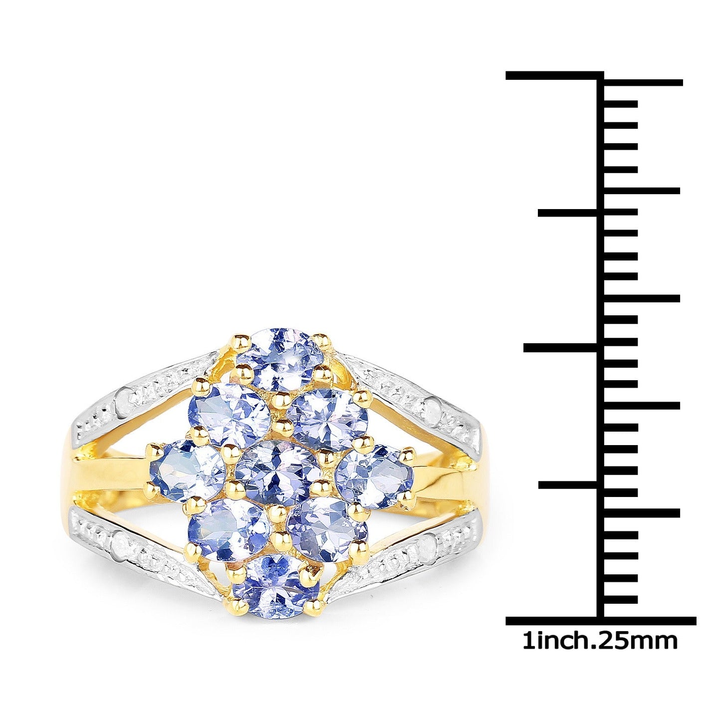 1.59 Ct Oval Violet Tanzanite Prong 14K Yellow Gold Plated Silver Cluster Split Shank Ring