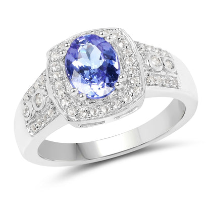1.42 Ct Oval Violet Tanzanite Prong Silver Pave Halo Statement Ring