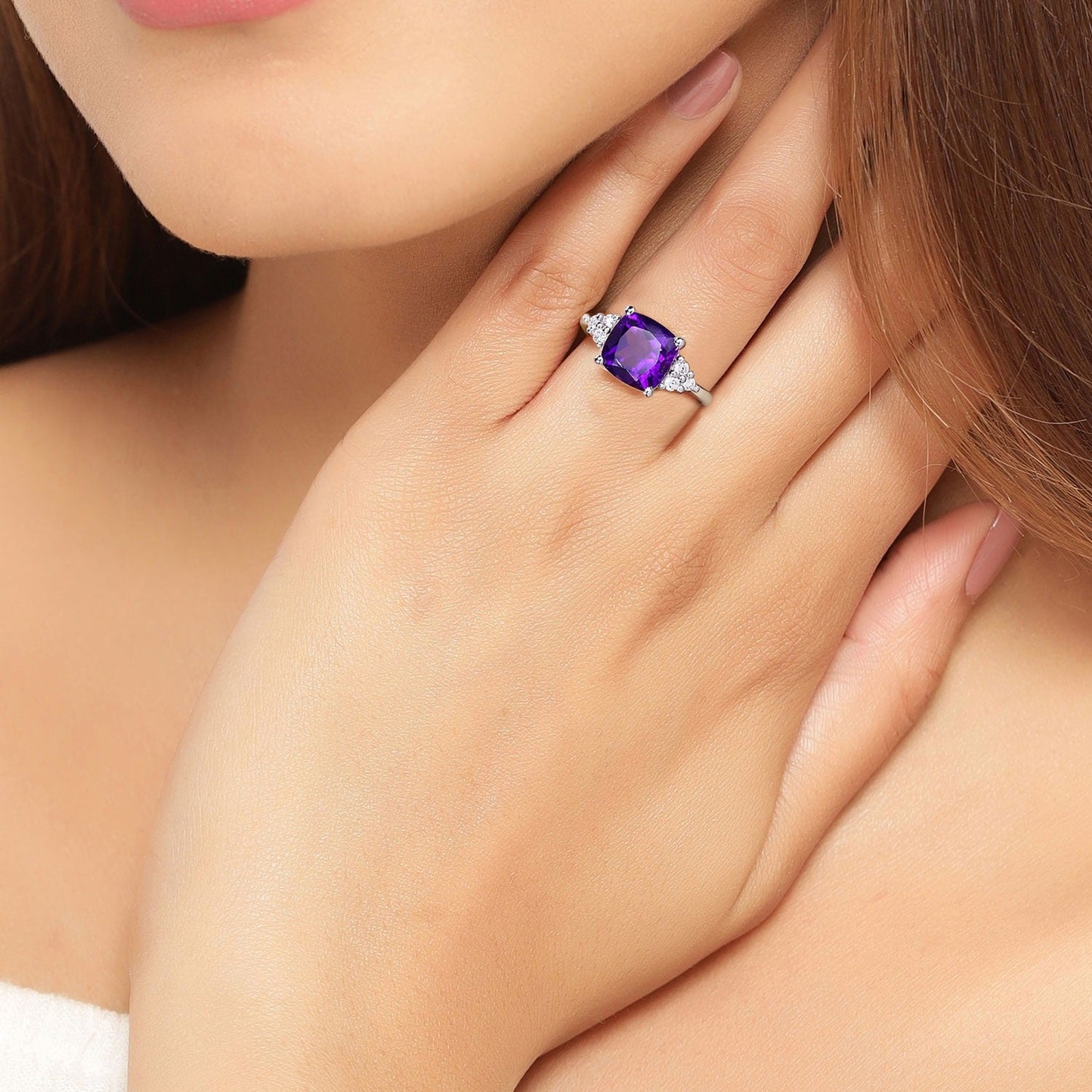 2.60 Ct Cushion Purple Amethyst and Lab Diamond Prong Silver Cocktail Ring
