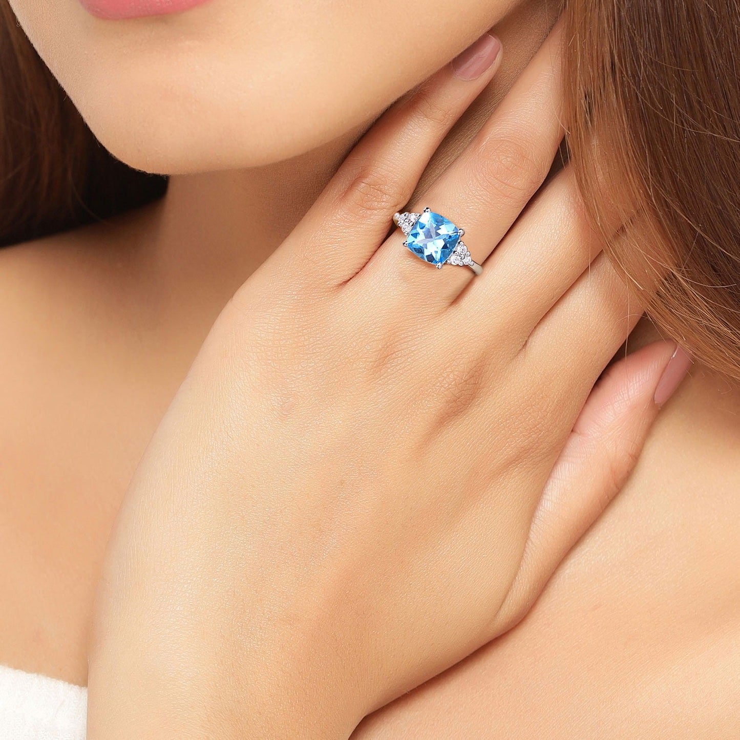 3.40 Ct Cushion Swiss Blue Topaz Lab Diamond Prong Silver Cluster Ring