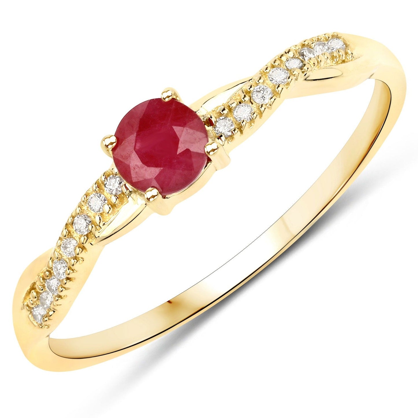 0.30 Ct Round Pink Ruby & Diamond Prong 10K Yellow Gold Pave Twisted Band Ring