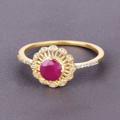 0.55 Ct Round Pink Ruby & Diamond Prong 14K Yellow Gold Halo Floral Ring