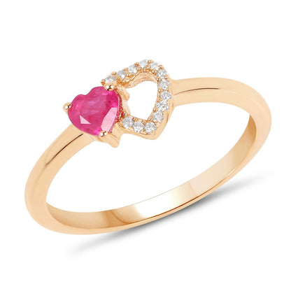 0.27 Ct Heart Pink Ruby & Diamond Prong 10K Yellow Gold Pave Double Heart Ring