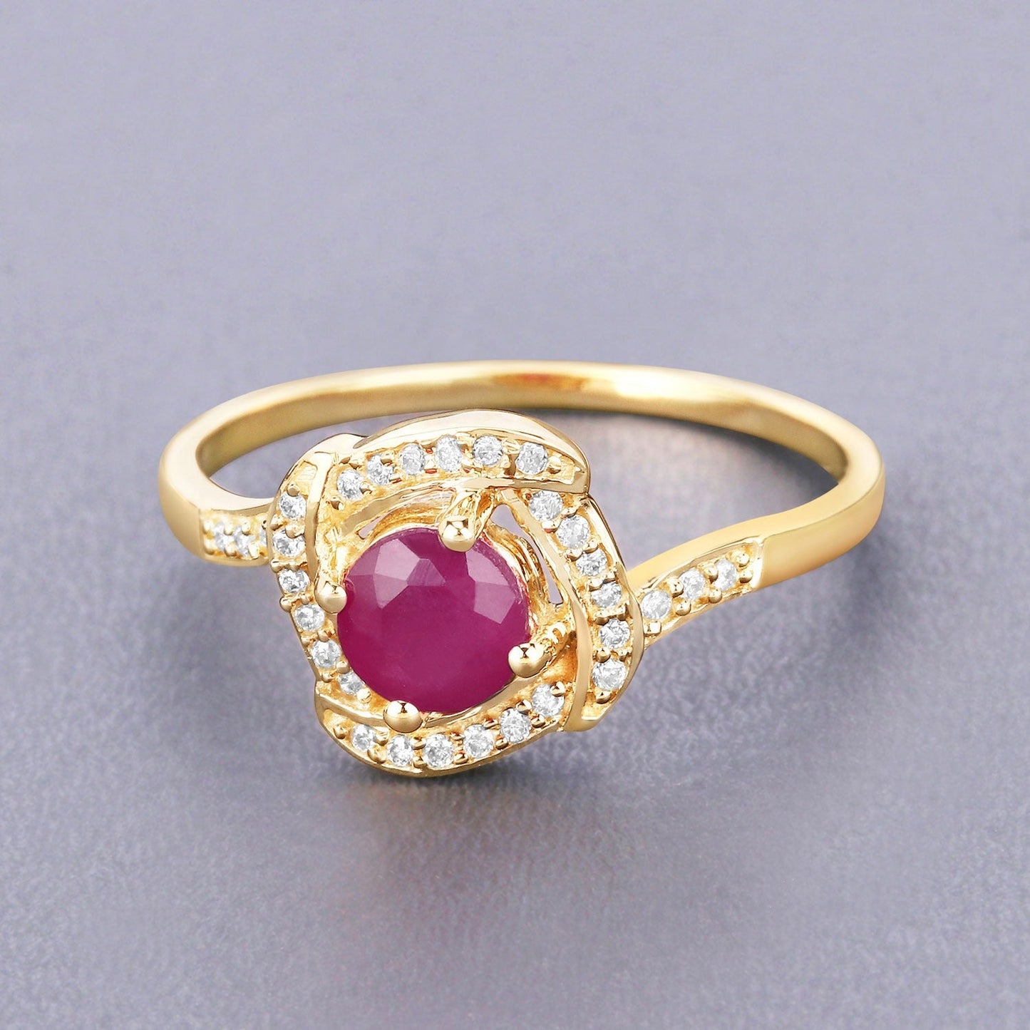 0.55 Ct Round Pink Ruby & Diamond Prong 14K Yellow Gold Halo Bypass Ring