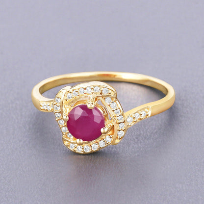 0.55 Ct Round Pink Ruby & Diamond Prong 14K Yellow Gold Halo Bypass Ring