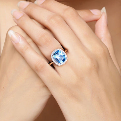 4.10 Ct Cushion Swiss Blue Topaz & Lab Diamond Prong Silver Halo Ring
