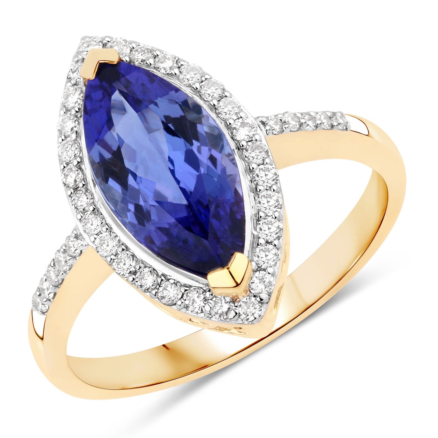 2.06 Ct Marquise Violet Tanzanite Diamond Prong 14K Yellow Gold Halo Pave Bridge Ring